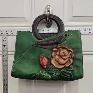 Green, Unique, Handbag, Floral, Medium, Faux Leather, Fall, Casual, Women's